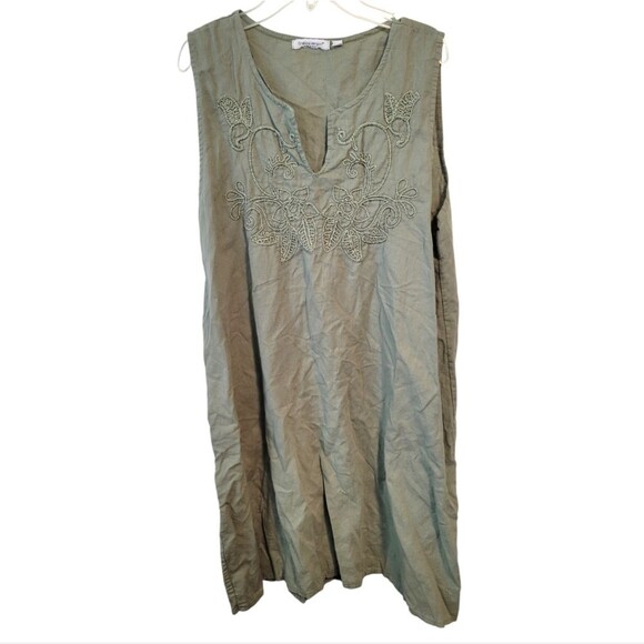 Cristina Vergani Embroidered Sleeveless Linen Green Dress Size XL Lagenlook - Picture 1 of 6